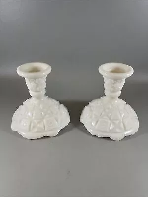 Set Of 2 Westmoreland Old Quilt Milk Glass Candlesticks Vintage • $15