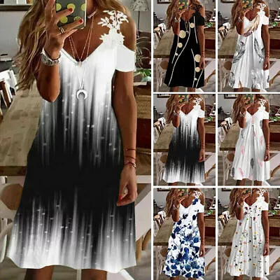 $5.69 • Buy Summer Dresses For Women Ladies Floral V-Neck Beach Strappy Boho Dress Plus Size