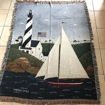 Warren Kimble Sailboat Coastal Breeze Lighthouse Throw Blanket Tapestry 68 X 48 • $24.99