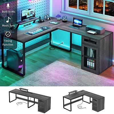 59  Reversible L Shaped Desk With Drawer LED Corner Computer Desk W Power Outlet • $141.99