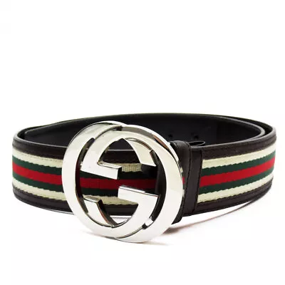 Auth GUCCI  Interlocking G Belt  Brown/Multicolor/Silver Leather/canvas W0014a • $230