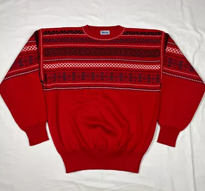 Vtg Meister Mens Fair Isle Ski Sweater Sz Large 80s Red/Grey/Black Wool Blend A9 • $30