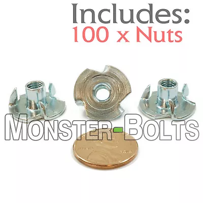 #10-32 X 5/16  - Qty 100 - 3 Prong Tee Nut Straight Barrel Zinc Plated T-Nut • $14.54