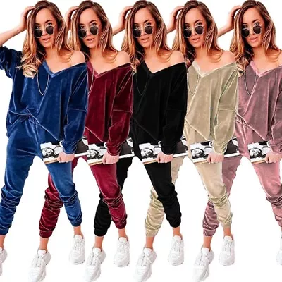 Womens Ladies Velour Tracksuit Velvet V Neck 2 Piece Set Urban Casual Glamour • £23.79