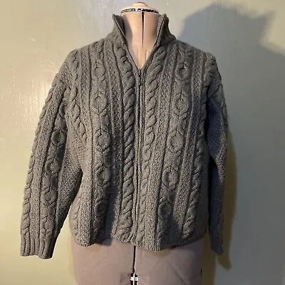 Inis Crafts Sweater Womens Large Green Merino Wool Cable Knit Fisherman Shacket • $50