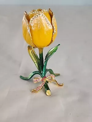 Yellow Enamel Tulip Trinket Box Swarovski Crystals Easter Spring Ciel Figurine • $24