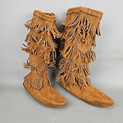 Minnetonka 1652 5-Layer Fringe Moccasin Boots Brown Leather Boho Festival Sz 11 • $74.95