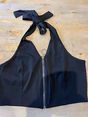 Shein Black Zip Up Backless Neck Tie Crop Top US 12 EU 44 XL VGC • £0.99