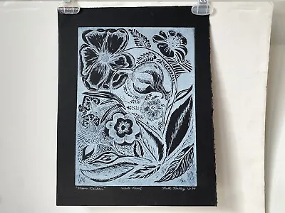 Vintage Art Print Linocut Botanical  Moon Garden  White Proof 1980 Signed • $32