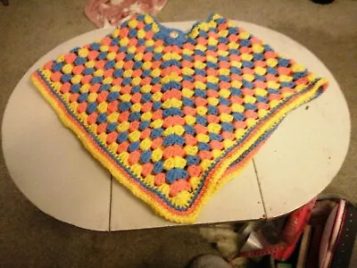 Baby Crochet Blue/orange/Yellow Baby Poncho Handmade Length 13 In Festival Hippy • £2.99
