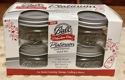Ball Collection Elite Platinum Mason Jars 8 Oz.  1/2 Pint Wide Mouth 4 Pack New! • $34.99