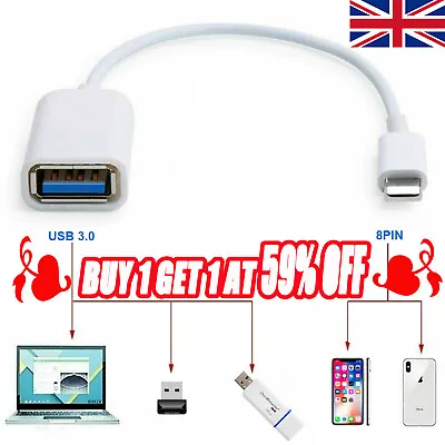 USB 3.0 Female To 8 Pin IPhone Male OTG Adapter Cable Camera For IPad Air IPhone • £3.83