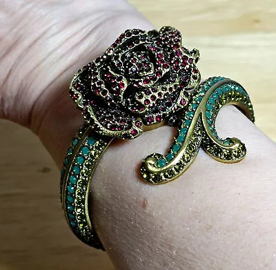 Heidi Daus Red Rose Quartz Bangle Bracelet Watch Hinged Swarovski Crystal  • $62