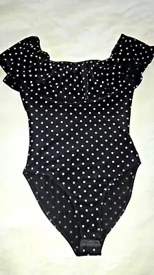 Miss Selfridge Off Shoulder Black/Lilac Polka Dot Bodysuit Size UK 10 • £9.99