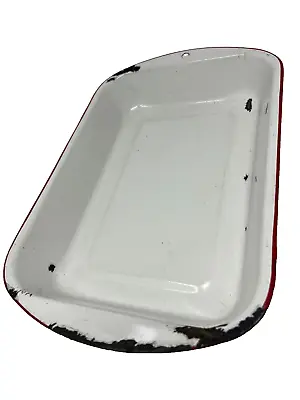 Vintage 9x13 White Enamel Casserole Baking Dish With Red Lip - Chipped Worn • $17.99