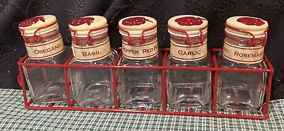 Vtg. Spice Rack With Ceramic Snap-Cap Top Glass Bottom Jars In Metal Wire Base • $18.95