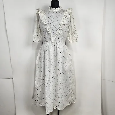 Vintage Saks Fifth Avenue White & Blue Polka Dot Prairie Dress Cottagecore • $34.95
