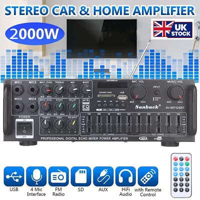 Digital 2000W Power Amplifier Bluetooth Stereo HiFi Audio 2CH USB SD FM Car Home • £39.80