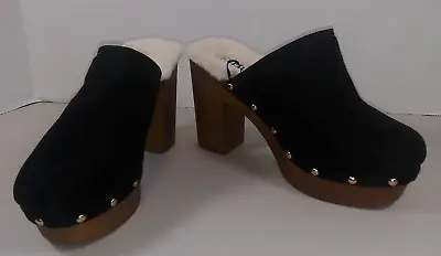 MUDD Megan Mules Suede Clogs Size 7 Gold Studs Faux Shearling Platform Wood Heel • $34.99