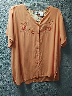 Victoria Jones Shirt Womens 3XL Orange Embroidered 12 % Linen Blouse Top 0195 • $26.24