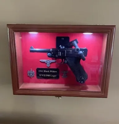 Gun Display Case Walnut LED Light Handgun Pistol Revolver Lock Wood Shadow Box • $146.97