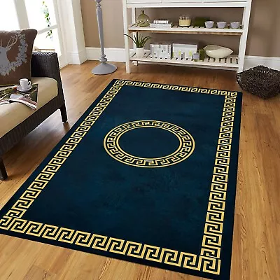 Blue And Gold Ancient Greek Wave Rug Greek Mythology Modern Salon Area Rug • $60.59