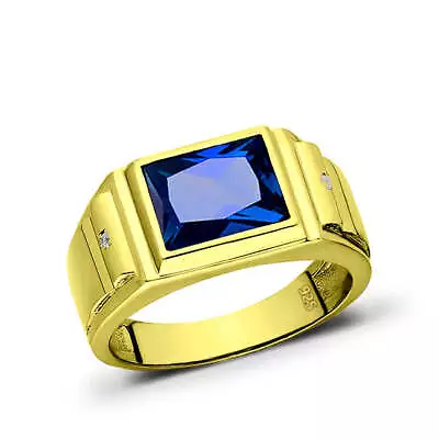 Gold Plated Silver Mens Blue Sapphire Ring With 2 Real Diamonds Artisan Crafted • $239.90