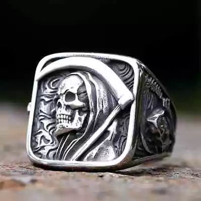 Vintage 316L Stainless Steel Rings For Men Death Sickle Domineering Skull Ring • $10.88