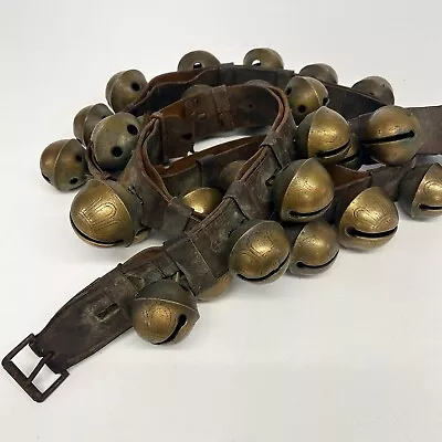 Antique 93  Leather Strap Of 34 Graduated Brass Petal Sleigh Bells 19th C AAFA • $500