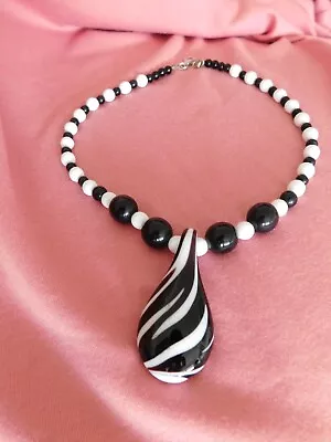 Vintage Italy Venetian Murano Glass Black White Swirl Necklace Sterling Silver • $99.50