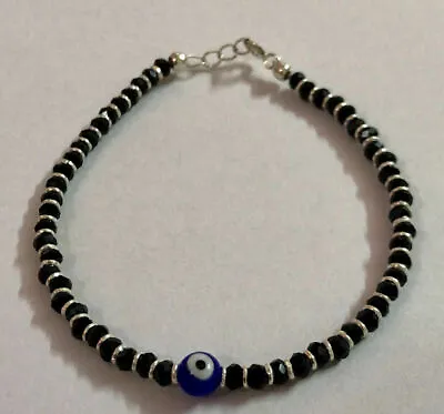 1 Pc 925 Silver Evil Eye Protection Bracelet 7  Amulet Nazariya Blue Black Bead • $25.39