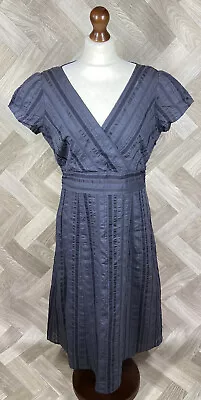 £9.36 • Buy Kew Dark Blue Striped Tie Belt Midi Dress Silk Linen Blend Size UK 16