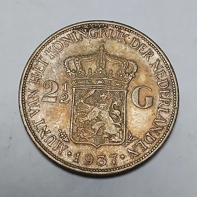 1937 Netherlands 2 1/2 Gulden - Large Silver Coin - Wilhelmina • $24.95