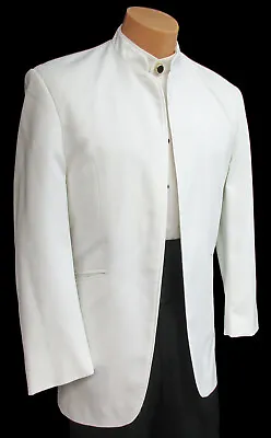 Men's White Nehru Mandarin Collar Tuxedo Jacket With Satin Trim Formal 35S • $24.99