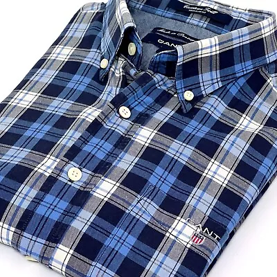 Mens Gant Blue White Check Regular Fit Long Sleeve Shirt Size L Large • £6.50