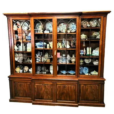 C. 1800 English George III Mahogany Breakfront Cabinet Bookcase Brass Trim • $18250