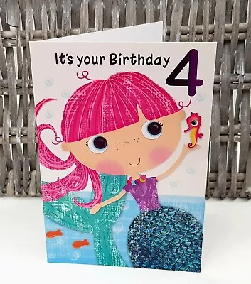 Girl's 4th Birthday Card Mermaid Theme 4 Year Old Happy Birthday Card  • £3.50