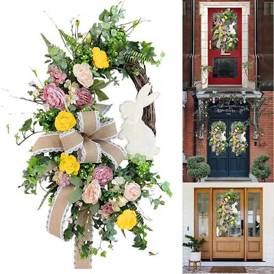 Bunny Wreath Easter Decorations Front Door Spring Artificial Flower Leaf Garland • £12.47