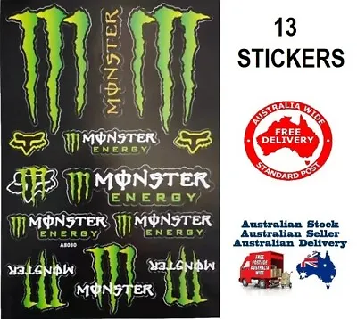 Monster Energy 13 Piece Sticker Set For Motorcycle Dirt ATV Car Motorised Bike • $10.95