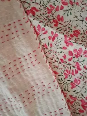 Embroidered Indian Handmade Pink Kantha Quilt Bedspread Blanket Cotton Throw • $120.35