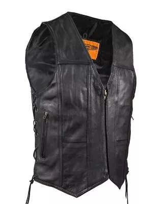 MENS MOTORCYCLE SPLIT COWHIDE LEATHER VEST W/ SIDE LACES & GUN POCKET - DC67 • $55