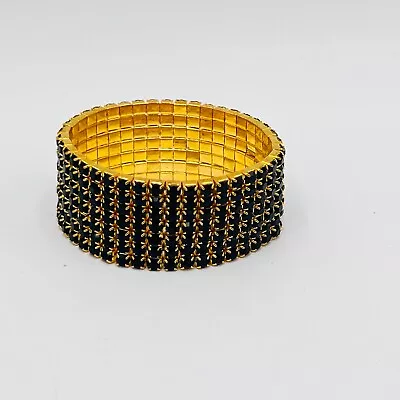 Black Wide Rhinestone 6  Stretch Bracelet In A Gold Finish 1  Wide • $18.95