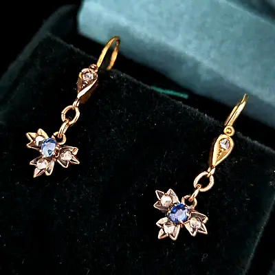 Antique Sapphire Rose Cut Diamond 18k Yellow Gold Earrings Original Locks Gift • $567