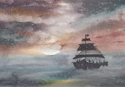 GHOSTLY  GALLEON - Original Watercolour Painting By ADRIAN APPLEBY • £10