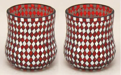 Vase Mosaic Glass Cup Red & Mirror Diamond Chips 4 Dia 4.5 High Set/2 • $12