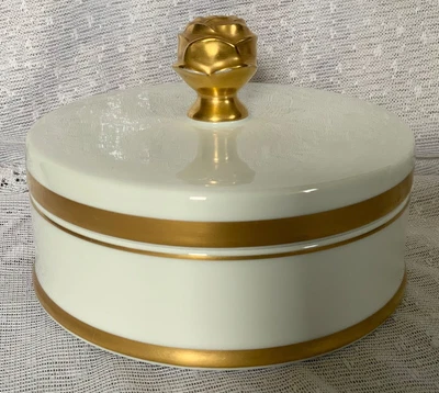 $11.99 • Buy VA VISTA ALEGRE Porcelain GOLD ROSE HANDLE KNOB Vanity Trinket Box Powder