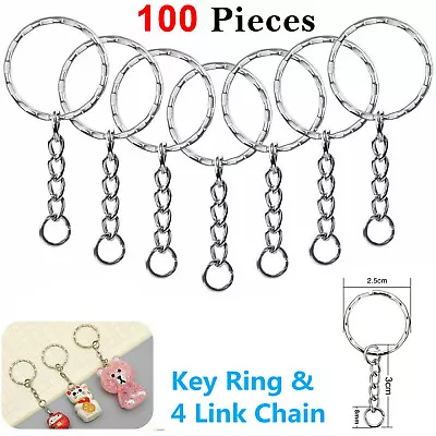 100X 25mm Silver Keyring Blanks Tone Key Chains Open Split Jump Ring 4 Link Tags • £4.89