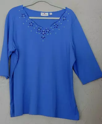 Quacker Factory Sz 2X Blue Knit Tunic Top Shirt Scalloped Neck Cut Outs Beads • $16.99