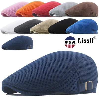 Mens Flat Newsboy Breathable Beret Mesh Ivy Cap Outdoor Cabbie Hat Adjustable • $7.98