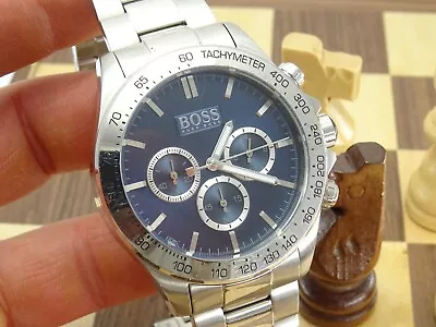 HUGO BOSS 44mm Man's Blue Dial Designer Chronograph Bracelet Wristwatch • £11.68